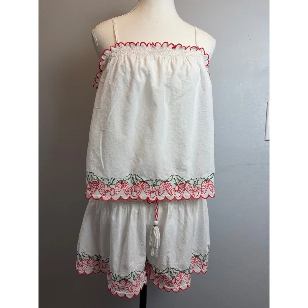 Joie Medium White Cotton Strawberry Embroidered Pajama Set Cami Shorts Cottage